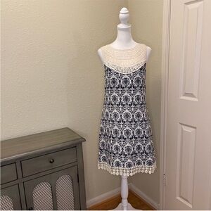 Chelsea & Violet Navy Print Cream Crochet Lace Collar Sleeveless Shift Dress M
